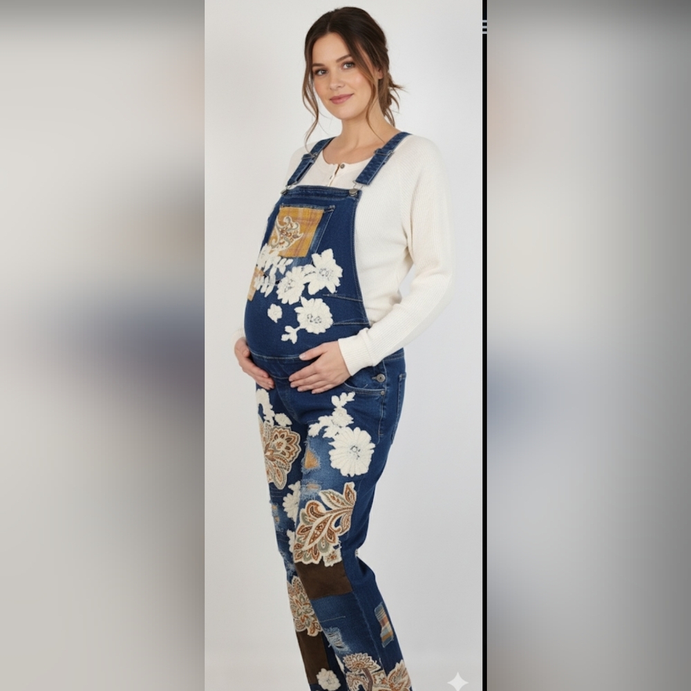 One-of-a-Kind women's patchwork denim stretch maternity overalls . Size LG
